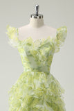 Dusty Sage A-Line Square Neck Ruffled Floral Long Prom Dress
