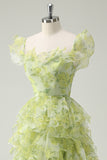Dusty Sage A-Line Square Neck Ruffled Floral Long Prom Dress