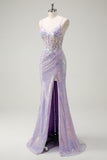 Sparkly Lilac Mermaid Spaghetti Straps Sequin Corset Prom Dress with Slit