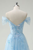 Sparkly Sky Blue A-Line Off The Shoulder Sequin Long Prom Dress with Slit