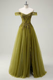 A-Line Army Green Off The Shoulder Sequin Long Prom Dress with Slit