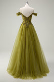 A-Line Army Green Off The Shoulder Sequin Long Prom Dress with Slit