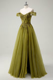 A-Line Army Green Off The Shoulder Sequin Long Prom Dress with Slit