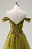 A-Line Army Green Off The Shoulder Sequin Long Prom Dress with Slit