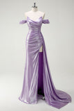 Lilac Mermaid Off The Shoulder Ruched Side Cape Prom Dress with Slit