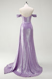 Lilac Mermaid Off The Shoulder Ruched Side Cape Prom Dress with Slit
