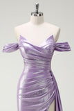 Lilac Mermaid Off The Shoulder Ruched Side Cape Prom Dress with Slit