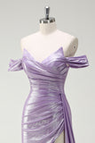 Lilac Mermaid Off The Shoulder Ruched Side Cape Prom Dress with Slit