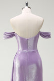 Lilac Mermaid Off The Shoulder Ruched Side Cape Prom Dress with Slit