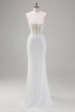White Mermaid Spaghetti Straps Corset Long Wedding Dress with Lace Up Back