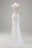 White Mermaid Spaghetti Straps Corset Long Wedding Dress with Lace Up Back