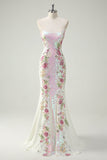 Sparkly White Mermaid Strapless Floral Long Prom Dress