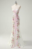 Sparkly White Mermaid Strapless Floral Long Prom Dress