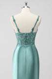 Green Mermaid Satin Ruched Sequins Long Prom Dress with Slit