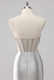 Grey Strapless Satin Mermaid Beaded Long Prom Dress with Slit