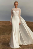 Ivory Sheath Satin Round Neck Long Sleeve Wedding Dress with Streamer