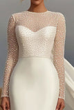 Ivory Sheath Satin Round Neck Long Sleeve Wedding Dress with Streamer