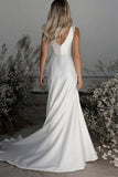 Simple Ivory Boat Neck Slit Sheath Satin Wedding Dress with Sash