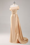 Champagne Mermaid Off the Shoulder Satin Evening Dress with Streamer
