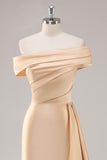 Champagne Mermaid Off the Shoulder Satin Evening Dress with Streamer