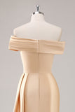 Champagne Mermaid Off the Shoulder Satin Evening Dress with Streamer
