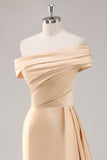Champagne Mermaid Off the Shoulder Satin Evening Dress with Streamer