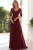 Burgundy Lace Appliqued A Line Chiffon Long Mum of the Bride Dress