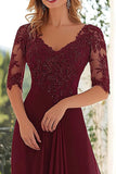 Burgundy Lace Appliqued A Line Chiffon Long Mum of the Bride Dress