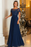 Navy Chiffon A Line Long Mother of the Bride Dress with Appliques