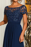 Navy Chiffon A Line Long Mother of the Bride Dress with Appliques