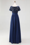 Navy Chiffon A Line Long Mother of the Bride Dress with Appliques
