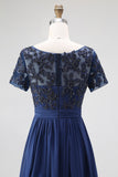 Navy Chiffon A Line Long Mother of the Bride Dress with Appliques