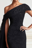 Black Mermaid One Shoulder Lace Long Formal Dress with Side Shoulder Cape