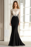 Black Mermaid Lace Top Long Sleeves Scoop Satin Long Mother of the Bride Dress