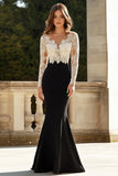 Satin Lace V-Neck Sheath Black Mum of the Bride Dress with Long Sleeves