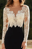 Satin Lace V-Neck Sheath Black Mum of the Bride Dress with Long Sleeves