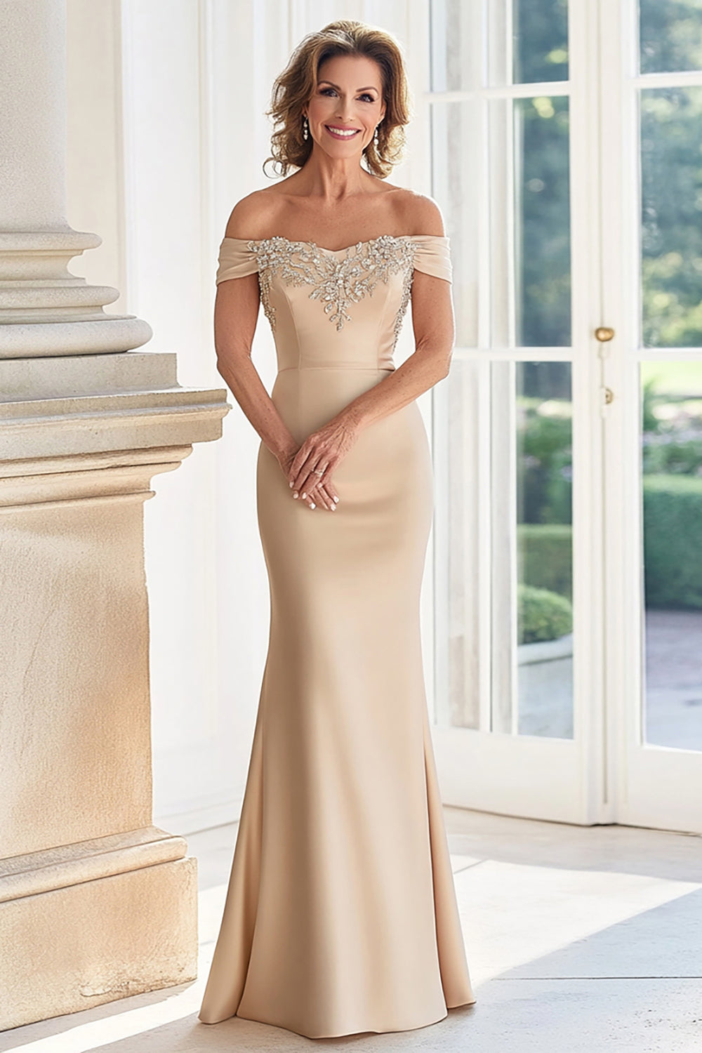 WEDTREND Women Champagne Mother of the Bride Dress with Appliques Off the Shoulder Sheath Satin Long Wedding Guest Dress Wedtrend UK WEDTREND Women Champagne Mother of the Bride Dress with Appliques Off the Shoulder Sheath Satin Long Wedding Guest Dress Wedtrend UK