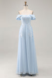 Off the Shoulder Sky Blue A Line Appliqued Mother of the Bride Dress