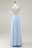Off the Shoulder Sky Blue A Line Appliqued Mother of the Bride Dress