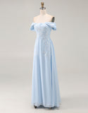 Off the Shoulder Sky Blue A Line Appliqued Mother of the Bride