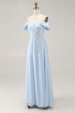 Off the Shoulder Sky Blue A Line Appliqued Mother of the Bride Dress