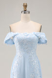Off the Shoulder Sky Blue A Line Appliqued Mother of the Bride Dress