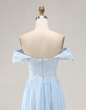 Off the Shoulder Sky Blue A Line Appliqued Mother of the Bride