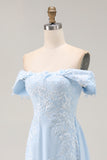 Off the Shoulder Sky Blue A Line Appliqued Mother of the Bride Dress