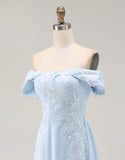 Off the Shoulder Sky Blue A Line Appliqued Mother of the Bride