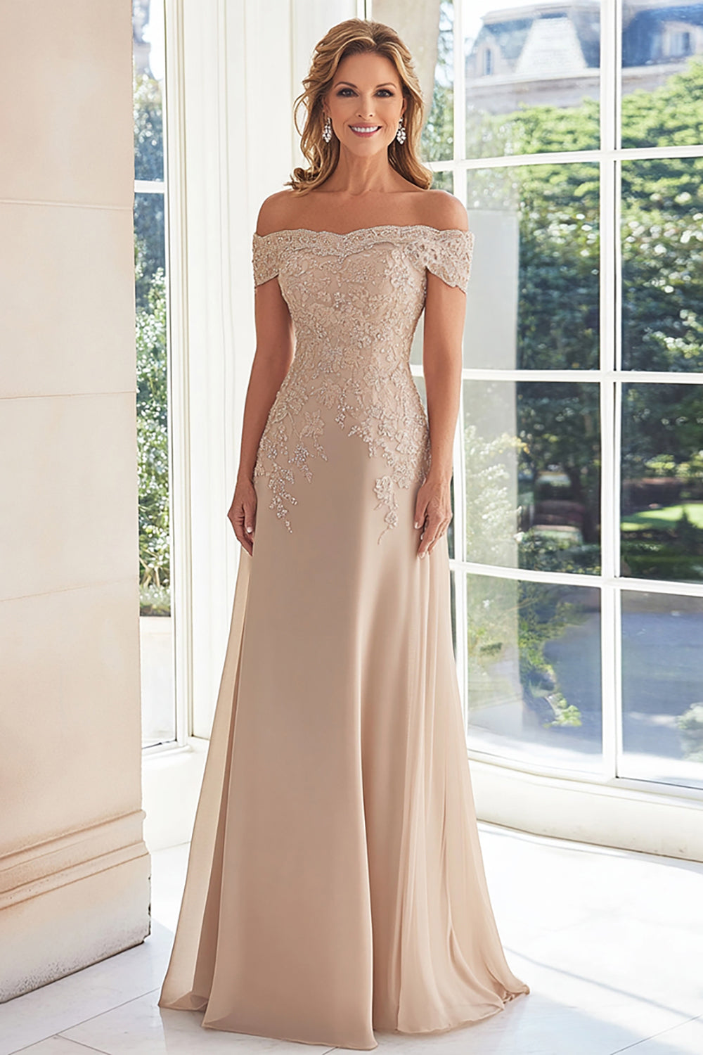 WEDTREND Woman Elegant Taupe Mother of the Bride with Lace Appliques Off the Shoulder Chiffon Sheath Long Formal Dress Wedtrend UK WEDTREND Woman Elegant Taupe Mother of the Bride with Lace Appliques Off the Shoulder Chiffon Sheath Long Formal Dress Wedtrend UK