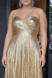 Sweetheart Gold Pleated A Line Plus Size Prom Dress