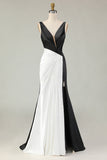 Black and White Mermaid V Neck Ruched Formal Dress