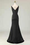 Black and White Mermaid V Neck Ruched Formal Dress