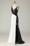 Black and White Mermaid V Neck Ruched Formal Dress